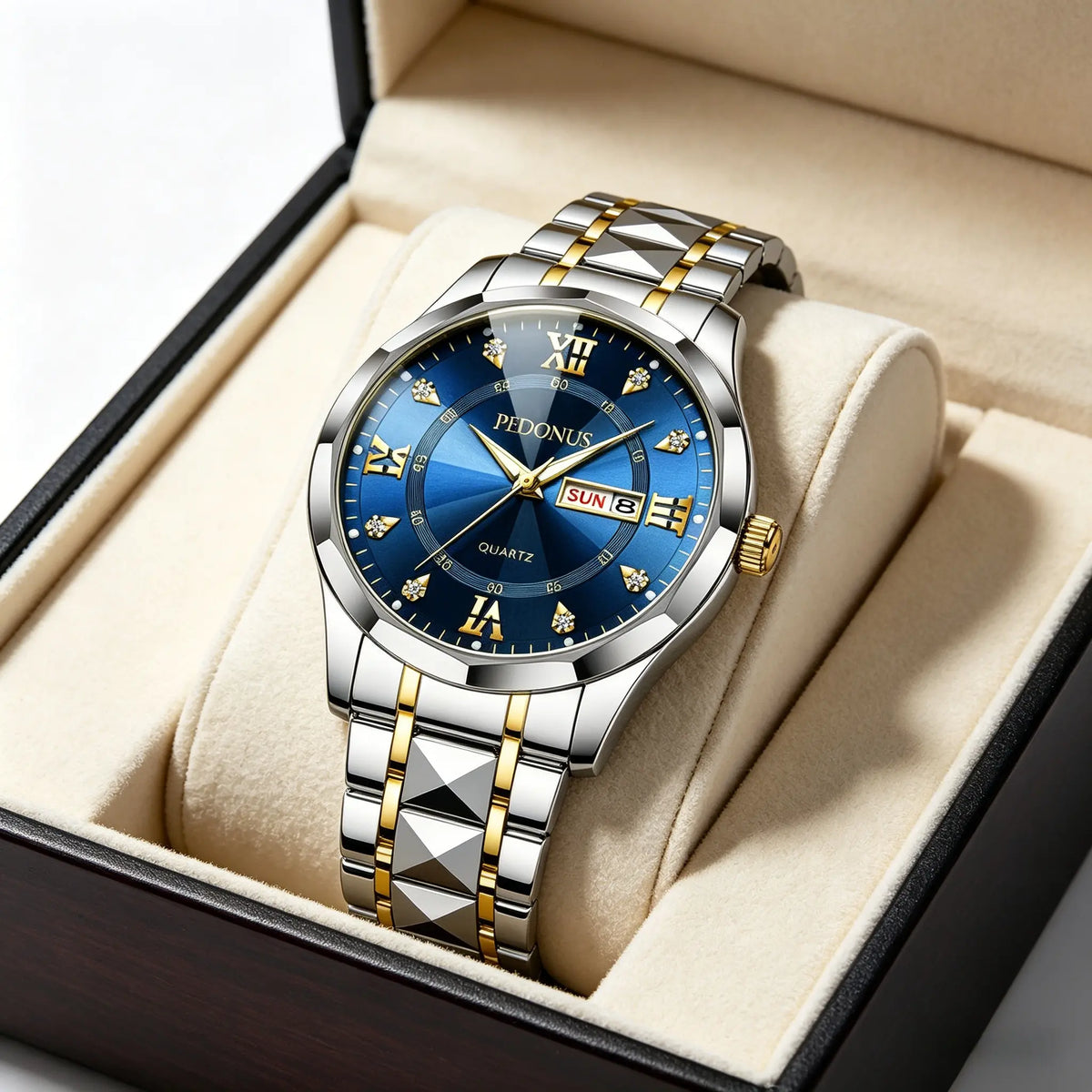 🕒Men's Simple Luminous Quartz Movement Business Watch - Stainless Steel Band, Gold Accents, Blue Dial with Date & Day Indicator, Mens Fashion Accessory, Unique Gifts for Man, Birthday Gifts for Him